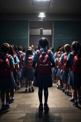 AI generated illustration of children in school uniform and backpacks in a dimly lit school corridor