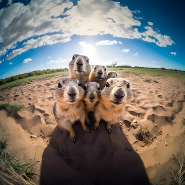 AI-generated illustration of adorable chipmunks in a deserted area with a fish-eye effect