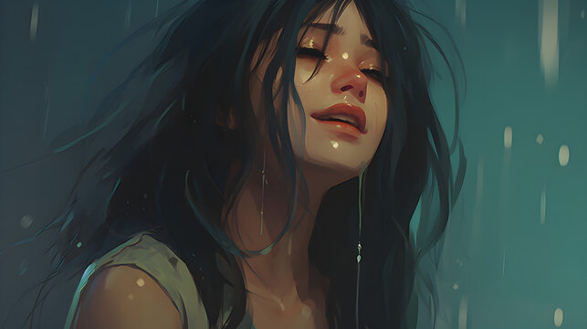 A woman stands in the rain with her eyes closed, tears streaming down her face.