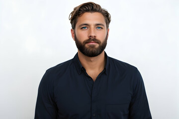 Obraz premium Handsome young man in black shirt. Isolated on white background.
