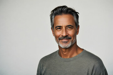 Obraz premium Portrait of handsome mature man smiling and looking at camera while standing against white background