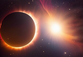 A solar eclipse, with an array of bright sun rays radiating out from the eclipse - obrazy, fototapety, plakaty
