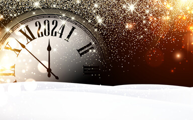 New Year 2024 countdown clock over golden sand on black background with snow.