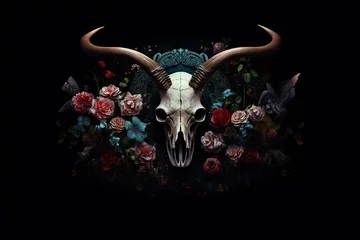Foto op Aluminium Buffalo skull with flowers. Mythic abstract illustration. Psychedelic ethnic element. Mystical design for Halloween print, card, poster, decor  © ratatosk