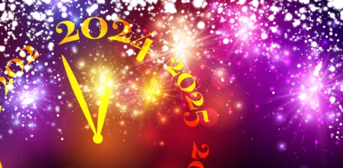 Fotobehang New Year 2024 countdown clock over purple background with fireworks and defocused lights. © Vjom