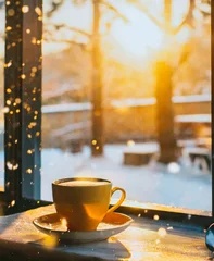 Poster Cup of hot coffee. Good morning. Winter holiday season. Cozy evening time. © D'Arcangelo Stock