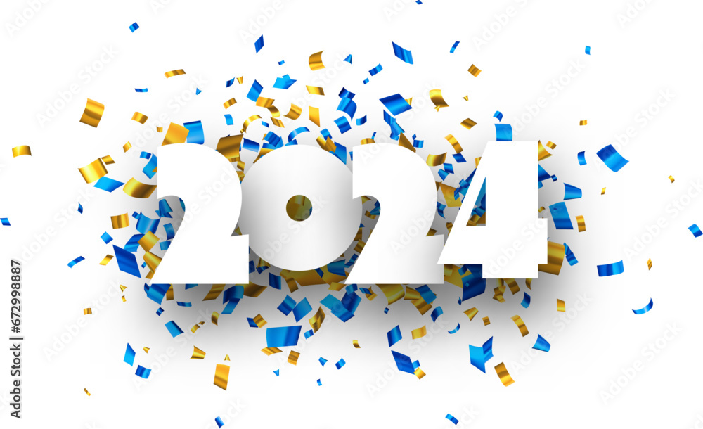 Poster new year 2024 paper numbers for calendar header on colorful background made of blue and golden confe