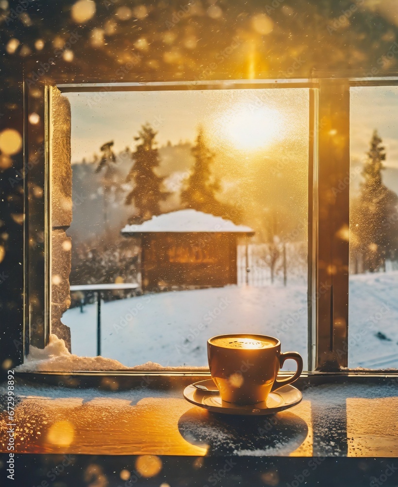 Wall mural Cup of hot coffee. Good morning. Winter holiday season. Cozy evening time.