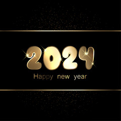 New Year 2024 golden shiny numbers for calendar on black background.