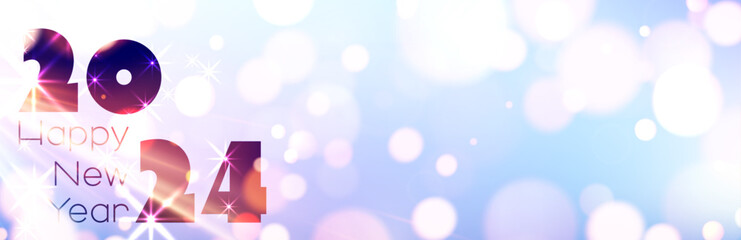 New Year 2024 numbers on color gradient horizontal winter banner with beautiful sun rays and blurred yellow round lights.