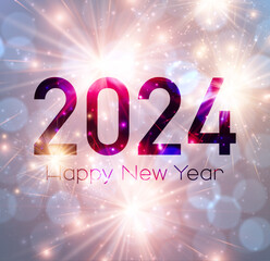 New Year 2024 numbers on bright purple background with flying firework light particles. - obrazy, fototapety, plakaty
