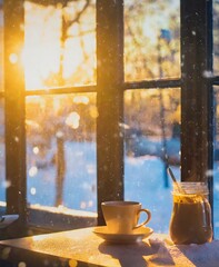 Cup of hot coffee. Good morning. Winter holiday season. Cozy evening time. - obrazy, fototapety, plakaty
