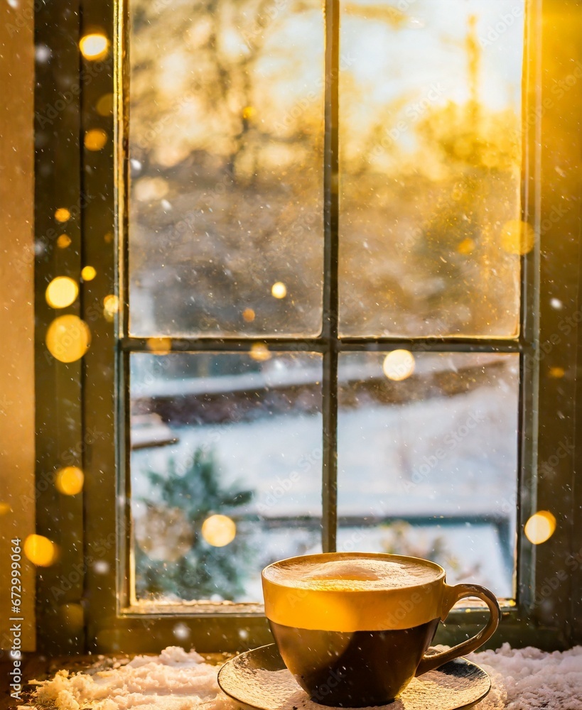 Sticker Cup of hot coffee. Good morning. Winter holiday season. Cozy evening time.