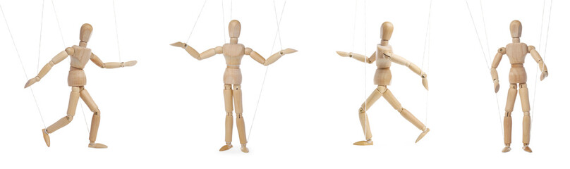 Wooden puppet with strings on white background, collection of different poses