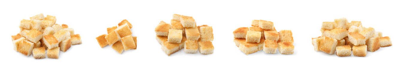 Heaps of delicious crispy croutons isolated on white, set