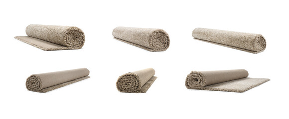 One fluffy rolled carpet isolated on white, set
