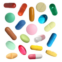 Many pills in different forms and colors isolated on white, collection