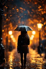 A person walking in the rain. Generative AI. 