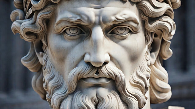 Handsome marble statue of powerful greek god Zeus over dark background, The powerful king of the gods in ancient Greek religion.