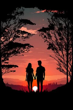 AI generated illustration of a silhouette of a couple holding hands on the background of sunset