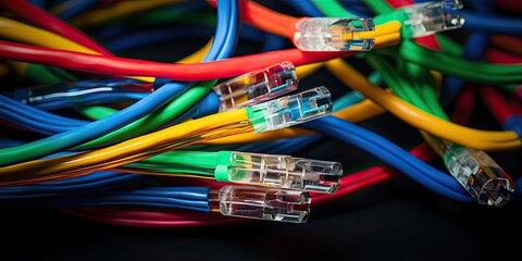 array of variously colored Ethernet cables beautifully arranged, generative AI