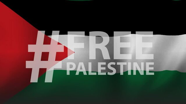 The Palestinian flag flies with the theme of Free Palestine support. Animation of flags flying, calls to liberate Palestine and Gaza, 4K animation