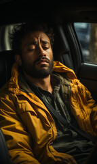 Obraz premium A really tired man sleeping in a car after work. Generative AI. 