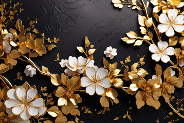 White flowers and golden leaf on black background