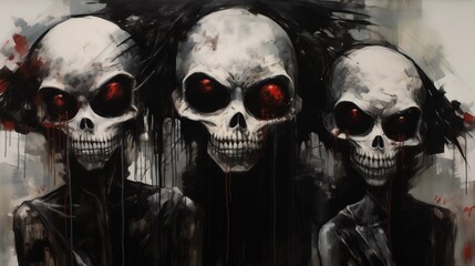 Dark art creepy clown doll in black shadows with diabolical red eyes and evil stitched lips grin, bloody and possessed, paranormal Coulrophobia hell painted portrait art.