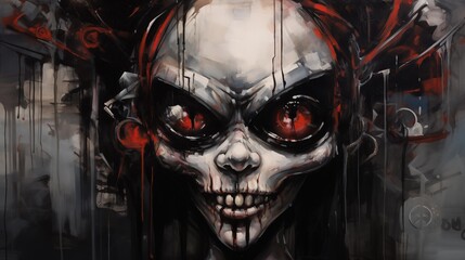 Naklejka premium Dark art creepy clown doll in black shadows with diabolical red eyes and evil stitched lips grin, bloody and possessed, paranormal Coulrophobia hell painted portrait art.