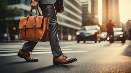 Close up of legs Businessman crossing the street on crosswalk and holding a laptop bag in the city. - Powered by Adobe