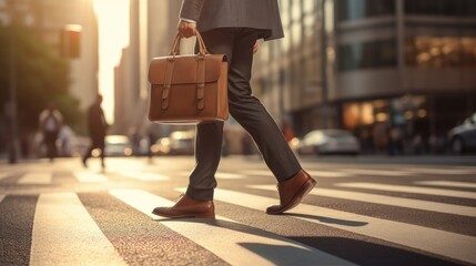 Close up of legs Businessman crossing the street on crosswalk and holding a laptop bag in the city. - obrazy, fototapety, plakaty