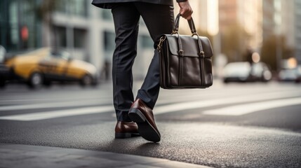Close up of legs Businessman crossing the street on crosswalk and holding a laptop bag in the city. - Powered by Adobe