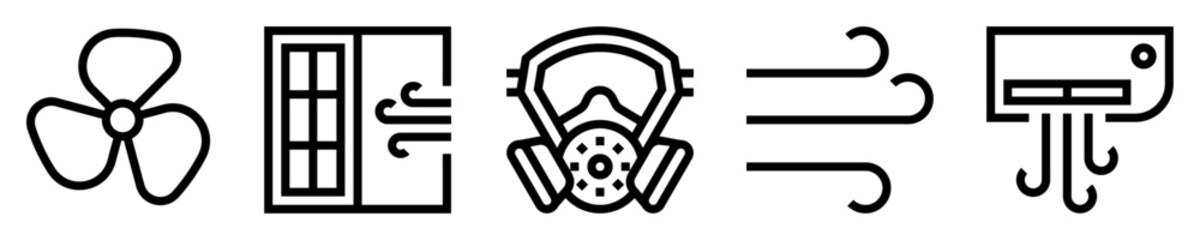 Conjunto de iconos de ventilación. Ventilador, ventana abierta, máscara de respiración, viento, aire acondicionado. Ilustración vectorial
