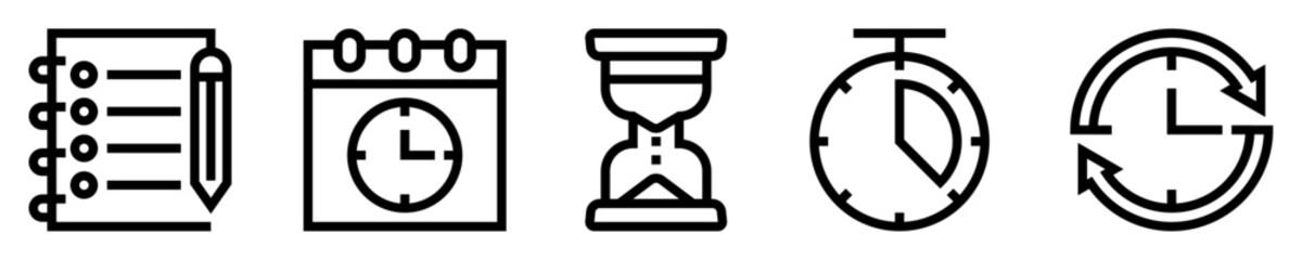 Conjunto de iconos de gestión del tiempo. Lista de tareas, calendario, reloj de arena, cronómetro, reloj con flechas. Ilustración vectorial - obrazy, fototapety, plakaty