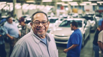 Fototapeta na wymiar A smiling older man with glasses and a beard, wearing a grey shirt, is standing in a car automotive factory wit ha few workers and cars in queue, production and industry