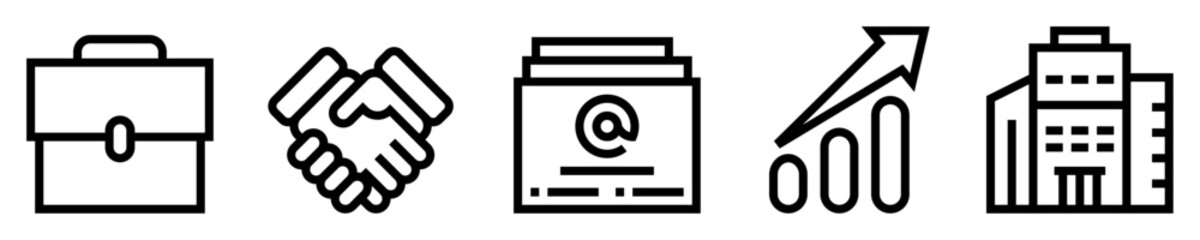 Conjunto de iconos de negocios. Maletín, apretón de manos, tarjeta de presentación, gráfico de crecimiento, empresa. Ilustración vectorial