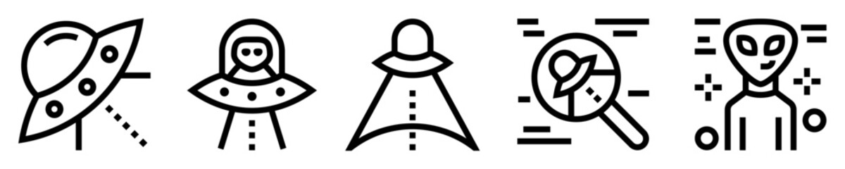 Conjunto de iconos de ovni. nave espacial, extraterrestre, investigación científica, marciano. Ilustración vectorial