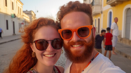 Young, bearded man and red-haired woman in orange sunglasses, smiling and posing at lively street gathering, friendly and relaxed atmosphere.
