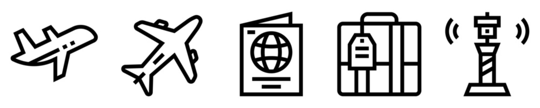 Conjunto de iconos de avi&oacute;n. Aeropuerto. Despegue, en vuelo, pasaporte, maleta, boleto, torre de control. Ilustraci&oacute;n vectorial
