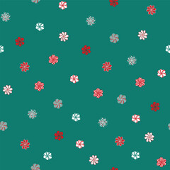 A Vector Repeat Seamless Pattern Design Created on a Green Background with a Ditsy Pattern of Tangle-Style Flowers of Red, Green and White that Look a Bit Like Christmas Candies