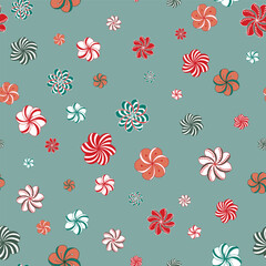 Fototapeta premium Created with a Scattering of Tangle-Style Flowers in Red, Green, and White on a Muted Green Background Looking a Bit Like Christmas Candies