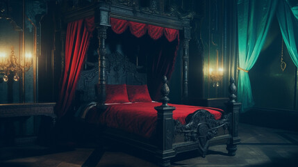 Ornate bed with red canopy and sheets in a cozy, dimly lit room with antique charm