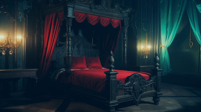 Ornate bed with red canopy and sheets in a cozy, dimly lit room with antique charm