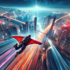 wingsuit skydiving and flying into a large city