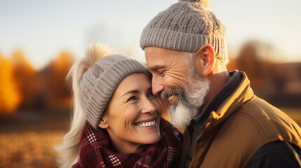 Happy middle-aged couple in warm attire, sharing a romantic autumn moment