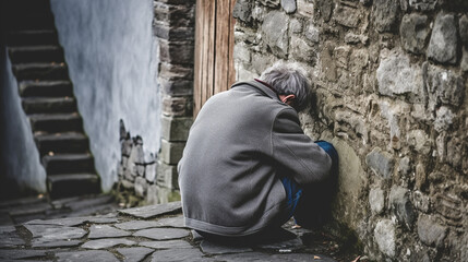 Lonely elderly man with gray hair sitting on stone sidewalk, lost and vulnerable.
