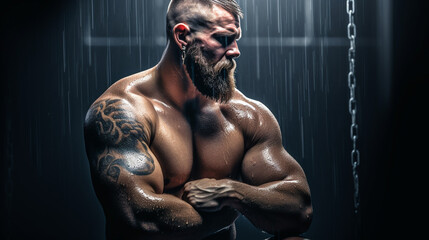 Fototapeta na wymiar Muscular bearded man in contemplation in dark bathroom
