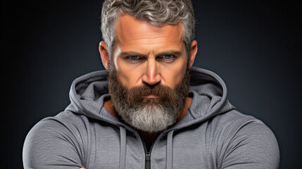 Obraz premium middle-aged man with beard in dark room, serious contemplation, private space