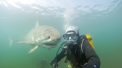 Fototapeta na wymiar scuba diver with large shark, thrilling interaction, marine life beauty and power